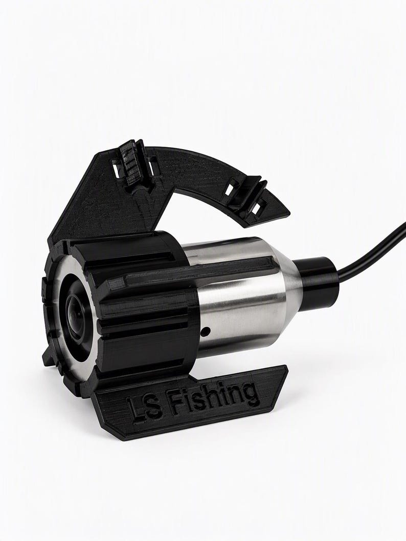 Black 3D printed anti-spinner clicked onto a stainless Carplounge Winchcam underwater camera, with four fins, the curved arm with cable clips and the LS Fishing logo
