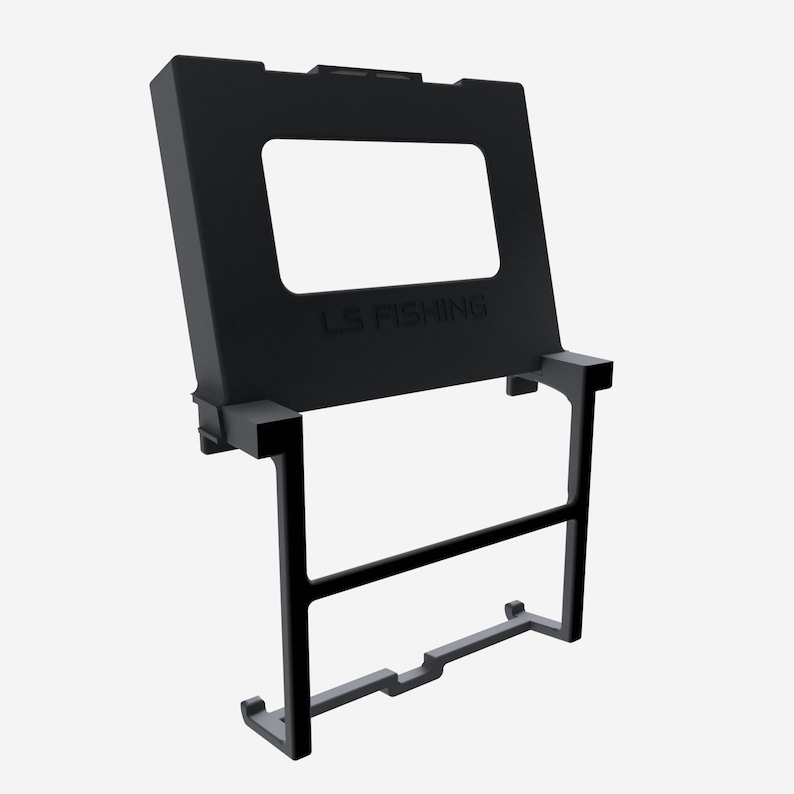 3D render of the back of the monitor holder and clamp frame with the LS FISHING logo