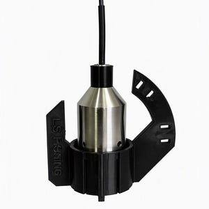 Carplounge Winchcam camera hanging straight down on its cable inside the black anti-spinner, fins and cable clip arm visible