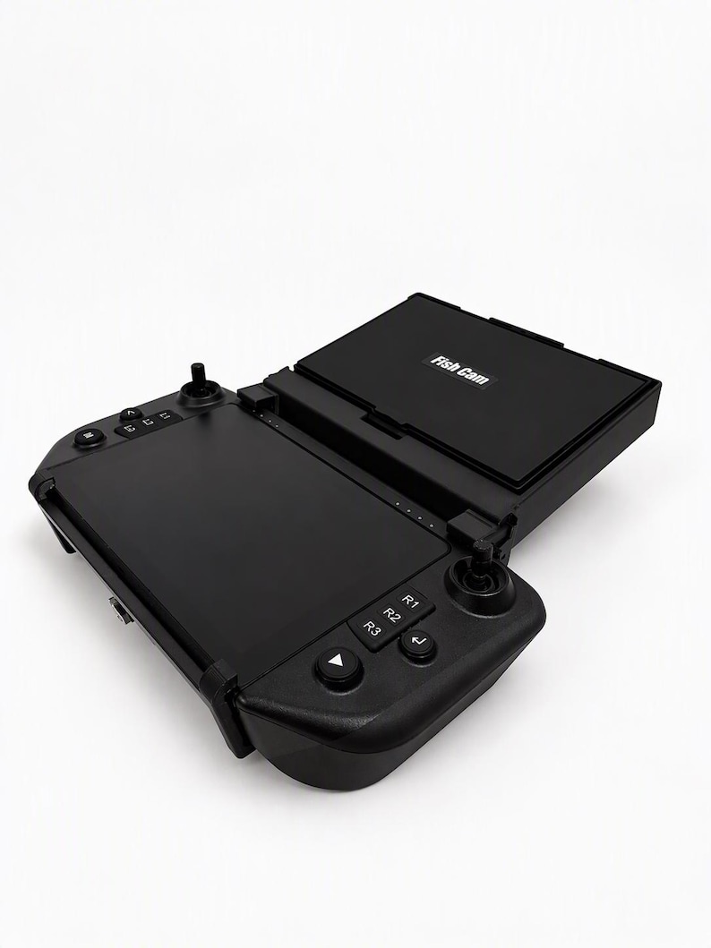 Carplounge AIO controller with the black 3D printed holder and the 7 inch Winchcam underwater camera monitor clicked on next to the screen