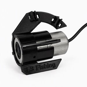 Black Stealthcam UK Winchcam underwater camera clicked into the anti-spinner, with the opening for the temperature sensor and the LS Fishing logo