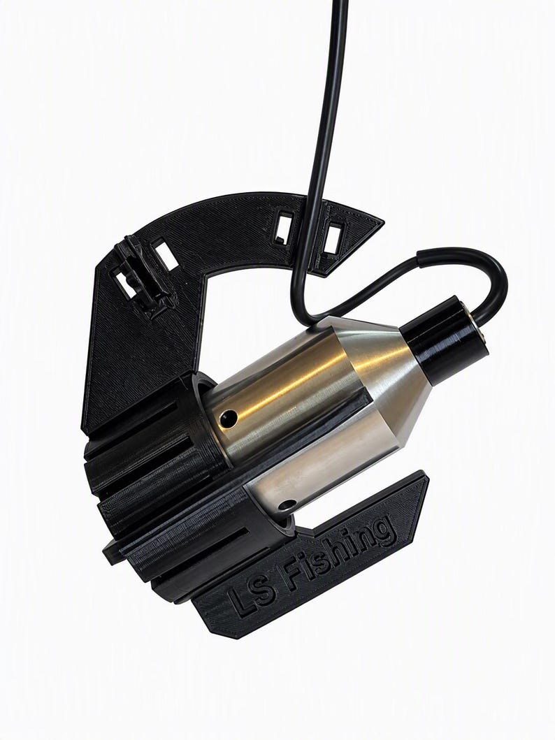 Black anti-spinner on a stainless Carplounge Winchcam underwater camera, cable looped into the clip on the curved arm so the camera hangs at an angle