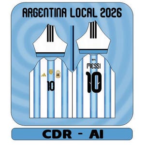 Op de afbeelding: Een lichtblauw en wit Argentijns voetbalshirtontwerp met de tekst "ARGENTINA LOCAL 2026". Het shirt heeft nummer 10 en de naam "MESSI" op de rug. Het ontwerp bevat de tekst "CDR - AI".
