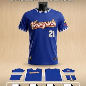 Puede incluir: Una camiseta de béisbol azul con ribetes blancos, la palabra Venezuela en cursiva y el número 21. Debajo hay plantillas de patrones planos para el frente, la espalda y la manga, junto con iconos para archivos .CDR, .AI, .PDF y .TTF de costura.