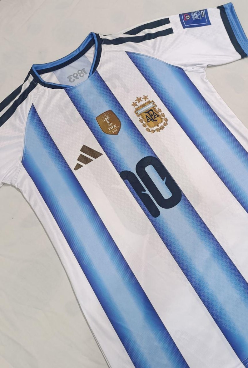 May include: A white and light blue striped football shirt featuring the number 10 in dark blue, the AFA crest with three gold stars, a gold FIFA 2022 World Cup patch, a black logo, and dark blue shoulder stripes on a short-sleeved jersey.