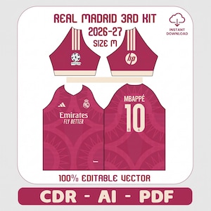 Puede incluir: Un diseño digital de la tercera equipación del Real Madrid 2026-27 talla M, color granate con patrón circular, el logo de Emirates Fly Better, el escudo del Real Madrid, el nombre Mbappé y el número 10 en la espalda en formato vector editable.