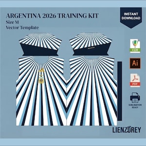 Puede incluir: Una plantilla vectorial para un kit de entrenamiento de Argentina 2026 en talla M. El diseño presenta un patrón repetitivo de rayas verticales azul marino, azul claro y blancas en los paneles frontal y posterior, con un logo y texto dorado.