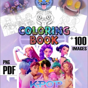 Puede incluir: Una portada de libro para colorear digital con el texto "COLORING BOOK" en letras coloridas. La portada presenta ilustraciones de personajes de K-pop, imágenes de dibujos animados y el texto "+100 IMAGES", con iconos "PNG" y "PDF".