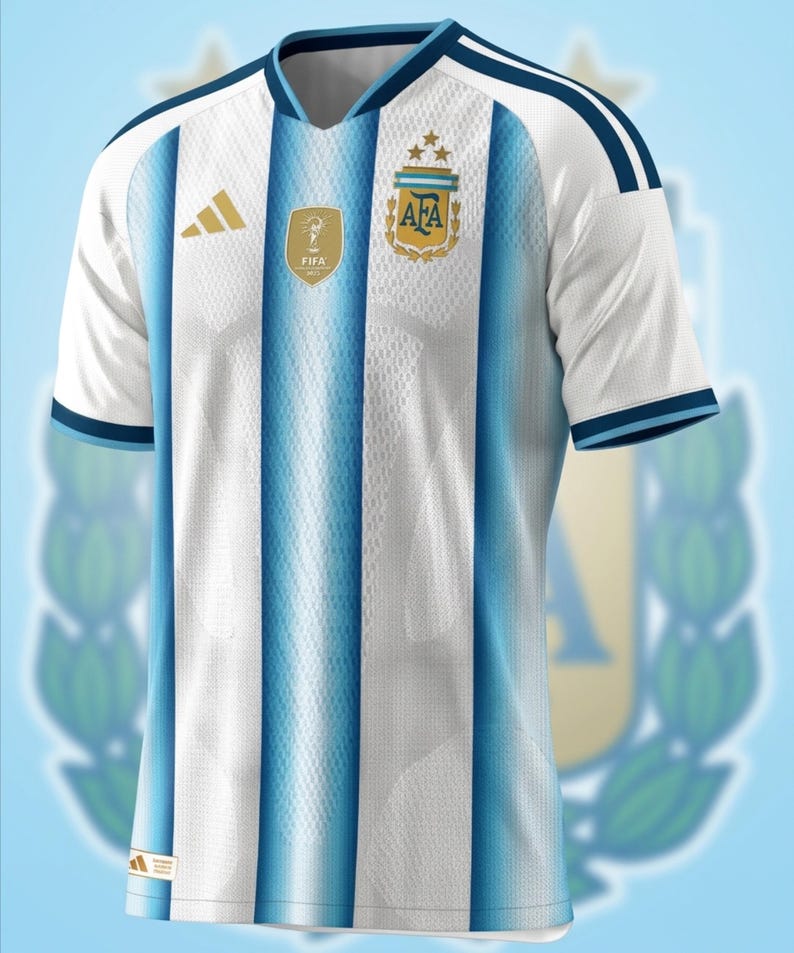 May include: A white and light blue striped football shirt featuring the Argentina national team crest with three gold stars, a gold FIFA World Cup winner badge, and a gold Adidas logo on the chest. The shirt has short sleeves and a V-neck collar.