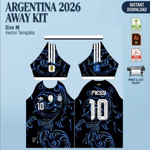 Argentina 2026 Away Kit Template - Size M - Black & Blue Swirl - Vector Pack - Instant Download - CDR, AI, PDF