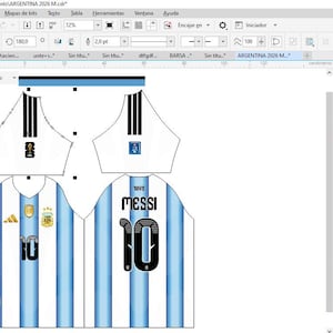 May include: A digital design file for a football shirt featuring the light blue and white vertical stripes of the Argentina national team. The front displays the number 10, while the back shows the name MESSI and the number 10 in black font.