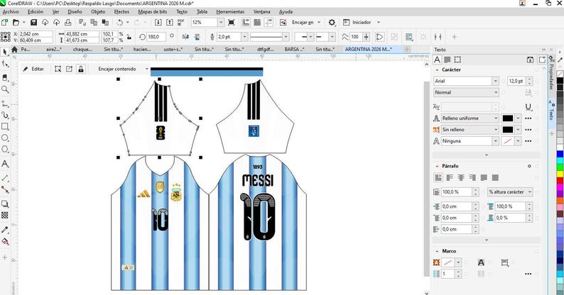 May include: A digital design file for a football shirt featuring the light blue and white vertical stripes of the Argentina national team. The front displays the number 10, while the back shows the name MESSI and the number 10 in black font.