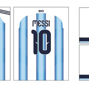 May include: A white and light blue striped sports jersey featuring the number 10, the name MESSI, the year 1893, an Adidas logo, and the Argentina national team crest. The design includes dark blue accents and horizontal stripes at the top.
