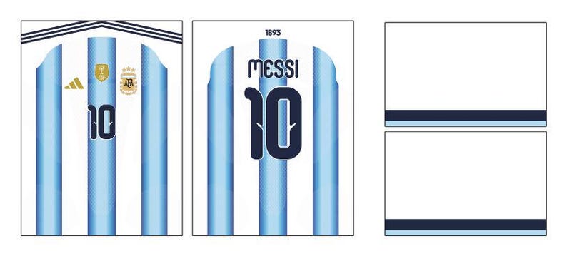 May include: A white and light blue striped sports jersey featuring the number 10, the name MESSI, the year 1893, an Adidas logo, and the Argentina national team crest. The design includes dark blue accents and horizontal stripes at the top.