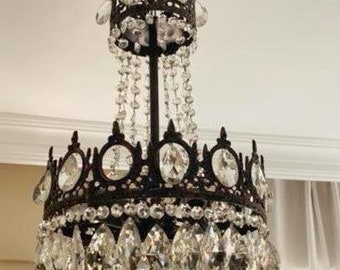 Elegant Vintage 1960s Brass & Crystal Chandelier - Ceiling Lamp with Glass Lampshade