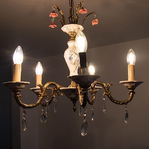 Vintage Crystal Chandelier with Porcelain Floral Details with hanging flowers on the end
