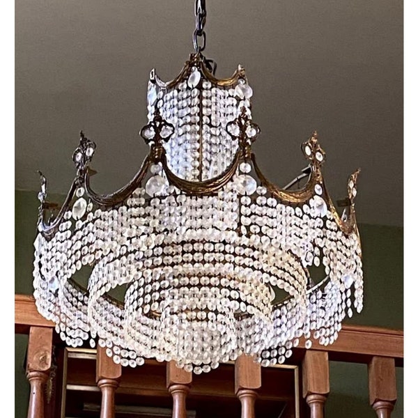 Antique Vintage Brass & Crystal Chandelier - Elegant Ceiling Lamp Lighting Fixture