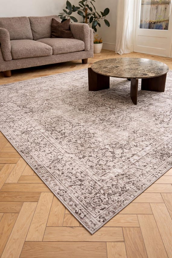 Vintage Neutral Area Rug | Washable Rectangular Rug | Non Slip Living Room Carpet
