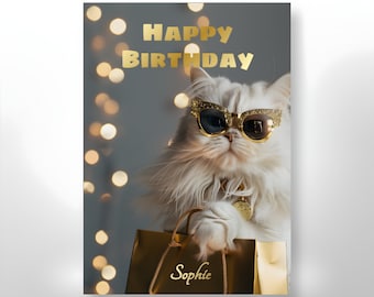Carte d'anniversaire chat, carte d'anniversaire drôle, carte d'anniversaire pour elle, jolie carte d'anniversaire, modèle Templett, carte personnalisée