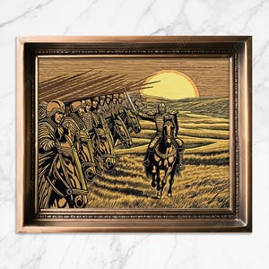 May include: A framed illustration of a group of knights on horseback riding into battle. The knights are wearing armor and carrying swords. The background is a golden sunset with a field of grass.