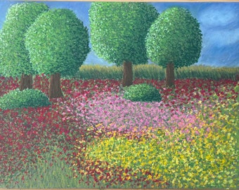 a meadow of flowers in oil pastel, painting