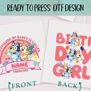 Custom Bluey and Bingo Birthday Girl Ready to Press DTF, Personalized Name Design, Gift For Her, Balloon Party Theme, Bingo Birthday DTF