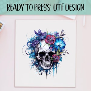 Gothic Skull with Floral Crown DTF Transfer, Blue & Purple Watercolor Flowers, Dark Art Shirt Print, Romantic Gothic Watercolor Design