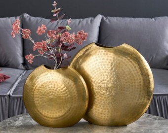 Elegant vases set of 2 ORIENTAL 44 cm golden in grid hammered design decorative metal vase handmade art object sculpture modern decor