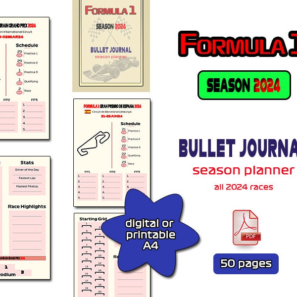 F1 journal, F1 race week journal, F1 2024 Planner, Formula 1 Digital Planner, F1 2024 Calendar, Formula One, F1 printable, F1 season planner