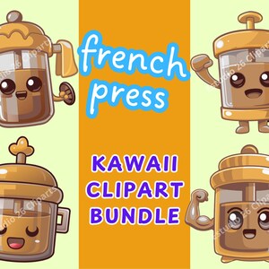Cute Kawaii FRENCH PRESS Coffee Dripper, Clipart Bundle | Specialty Coffee Shop, Graphics PNG, Vector Style, Digital Download