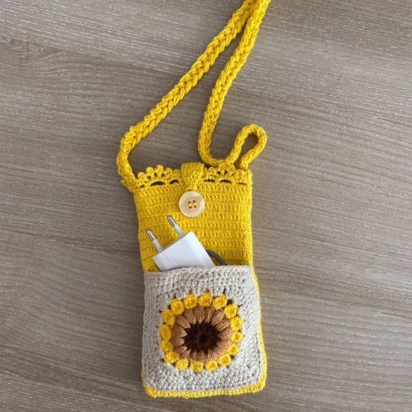 Gehäkelte Sonnenblume Handytasche - Handgemachte Handytasche - Kleine Umhängetasche - Häkeln Mini Tasche - Stricken Sommertasche - Kleines Geschenk für Mama