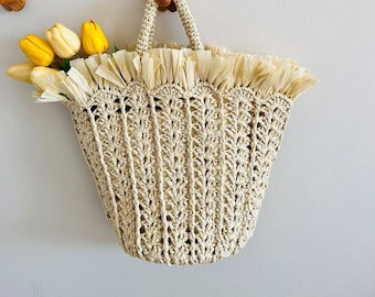 Crochet Raffia Top Handle Mini Handbag in Beige- Minimal Straw Bag- Vintage Handmade Purses- Chic Summer Accessory- Gift for Mother