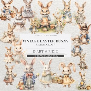 Pâques Clipart PNG, vintage lapin de Pâques Clipart 40 PNG, aquarelle, clipart printemps, cartes de vœux, oeuf de Pâques, panier de Pâques, commercial
