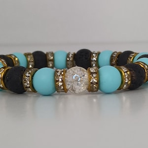 Lava Stone and Turquoise Glass Clear Bubble Bead Bracelet