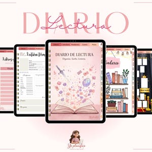 Puede incluir: Un diario de lectura digital mostrado en varias pantallas de tableta, con una portada rosa que presenta un libro abierto, una espada e ilustraciones florales. El texto dice DIARIO DE LECTURA, Organiza, Sueña, Conecta. Incluye páginas de seguimiento.