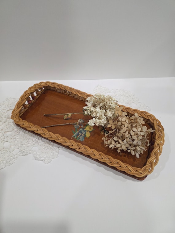 Vintage Wicker Wood Tray Home Decor