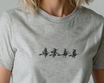 Embroidered Four Flying Witches T-Shirt, Scary Witch Tee, Spooky Season Fall Shirt, Witch Halloween Shirt, Halloween Tee