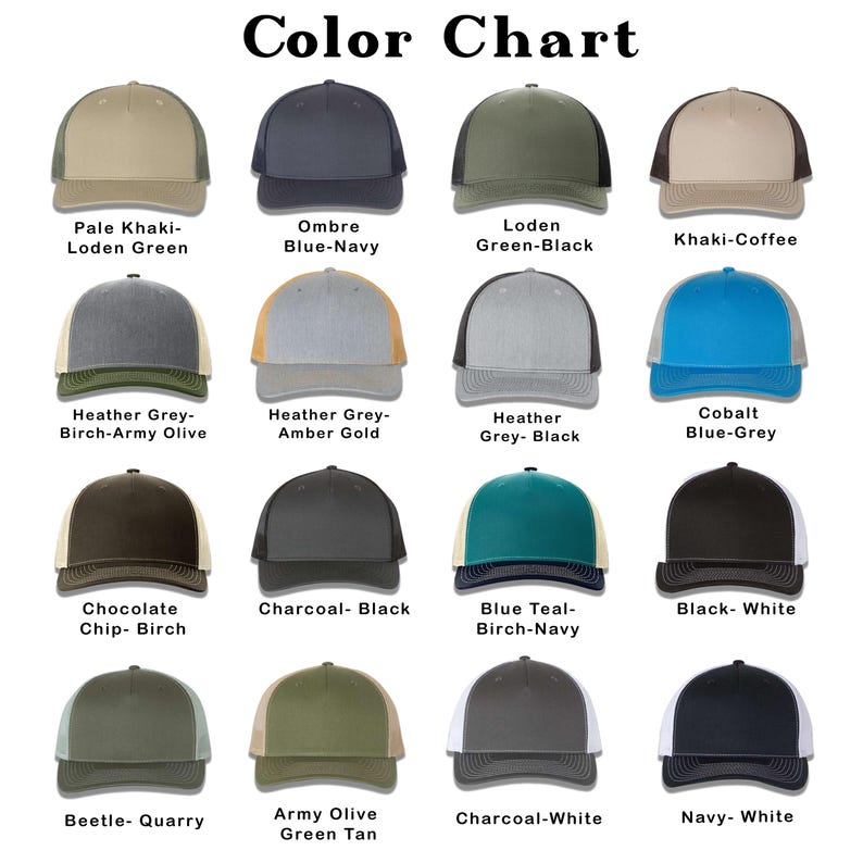 Pu&ograve; includere: Tabella colori che mostra 12 diverse combinazioni di colori per un cappello da camionista. Il cappello ha una rete sul retro e un pannello anteriore solido. I colori includono kaki chiaro, blu ombr&eacute;, verde loden, kaki, grigio melange, oro ambrato, cioccolato, carbone, blu teal, nero, scarabeo e verde oliva.