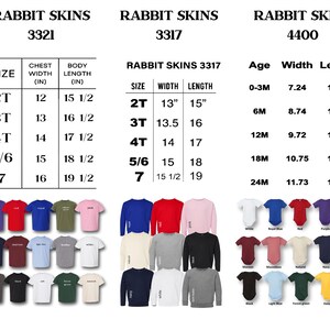 Puede incluir: Imagen de tablas de tallas de ropa Rabbit Skins. Las tablas incluyen el ancho del pecho y el largo del cuerpo en pulgadas para las tallas 2T a 7. Tablas adicionales muestran medidas para tallas de beb&eacute; de 0-3M a 24M. Varios colores.