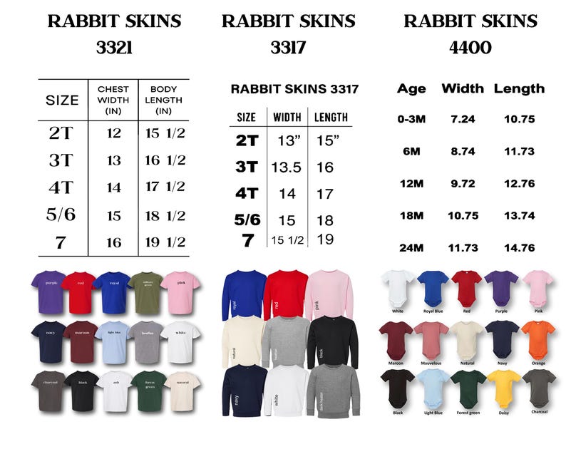 Puede incluir: Imagen de tablas de tallas de ropa Rabbit Skins. Las tablas incluyen el ancho del pecho y el largo del cuerpo en pulgadas para las tallas 2T a 7. Tablas adicionales muestran medidas para tallas de beb&eacute; de 0-3M a 24M. Varios colores.