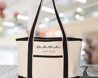 Embroidered Mama Est. Date Deluxe Tote Bag, Funny Mom Tote Bag, Pregnancy Announcement Gift, Customized Mama Est Bag, Cute Mother's Day Bag