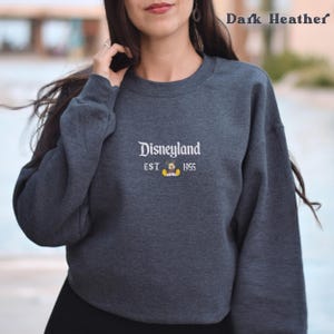 Pu&ograve; includere: Felpa grigio scuro con la scritta "Disneyland" ricamata in bianco, insieme a "EST 1955" e una grafica di Topolino. La felpa &egrave; a girocollo.