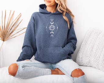 Mystic Moon And Sun Embroidered Hoodie, Boho Vintage Moon Hoodie, Spiritual Hoodie, Vintage Celestial Sun Hoodie, Astrology Hoodie