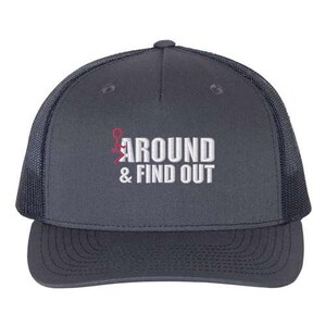 Pu&ograve; includere: Un cappello da camionista blu navy con una rete bianca sul retro. Il cappello ha un design ricamato bianco che dice "AROUND & FIND OUT" con un omino rosso.