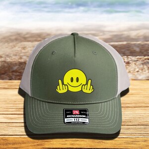 Embroidered Smiley Face Richardson Cap, Middle Fingers Hat, Happy Face Minimal Cap, Happy Face Cap, Vintage Smiley Face Hat