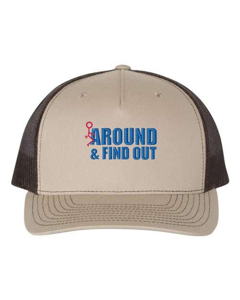 Pu&ograve; includere: Un cappello da camionista marrone e nero con il testo "AROUND & FIND OUT" ricamato in blu sul davanti. Il testo &egrave; accompagnato da un piccolo omino rosso.