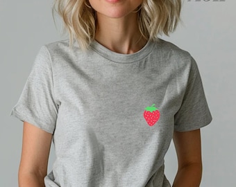 T-shirt brodé aux fraises, cadeau amateur de fraises, chemise amateur de fruits, t-shirt fruits mignons, chemise fruits d'été, chemise fraises fraîches