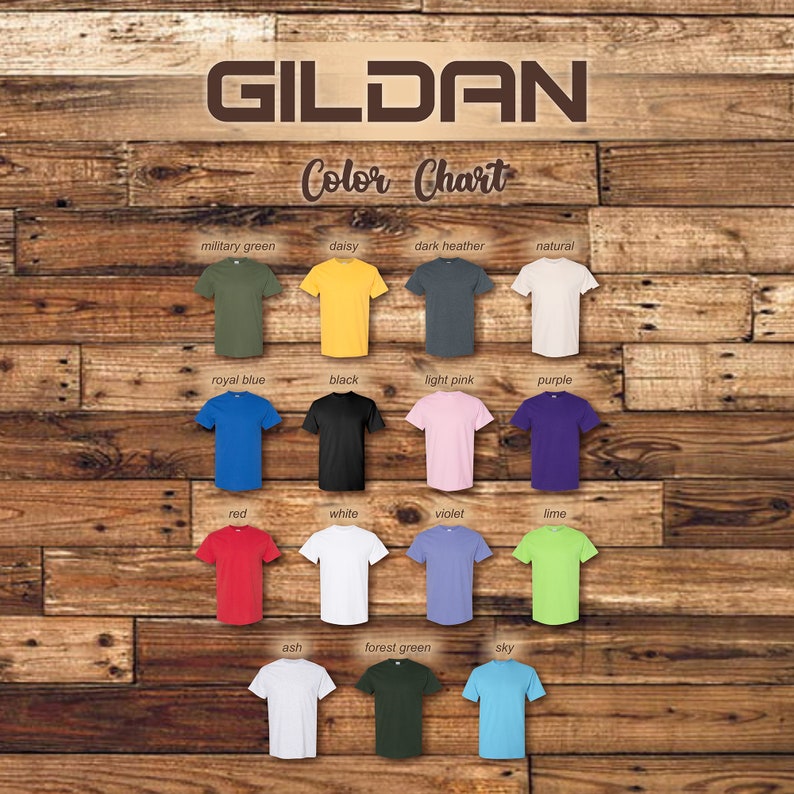 以下が含まれることがあります： ギルダンTシャツのカラーチャートで、15色の異なる色が表示されています。ミリタリーグリーン、デイジー、ダークヘザー、ナチュラル、ロイヤルブルー、ブラック、ライトピンク、パープル、レッド、ホワイト、バイオレット、ライム、アッシュ、フォレストグリーン、スカイです。