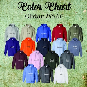 May include: A color chart of Gildan 18500 hoodies in various colors, including sport grey, royal blue, red, and light pink. The image displays a range of hues, with each hoodie labeled with its respective color name.