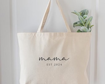Embroidered Mama Est. Date Tote Bag, Funny Mom Tote Bag, Pregnancy Announcement Gift, Customized Mama Est Bag, Cute Mother's Day Bag
